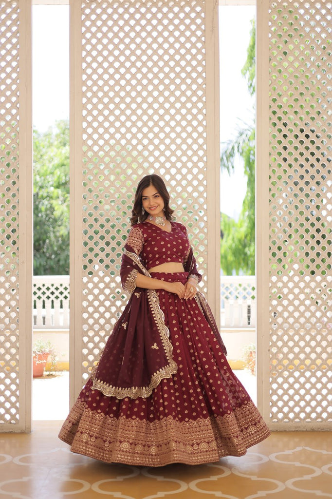 Maroon Enchanting Dayble Viscose Jacquard Lehenga Set with Double Zari Work ClothsVilla