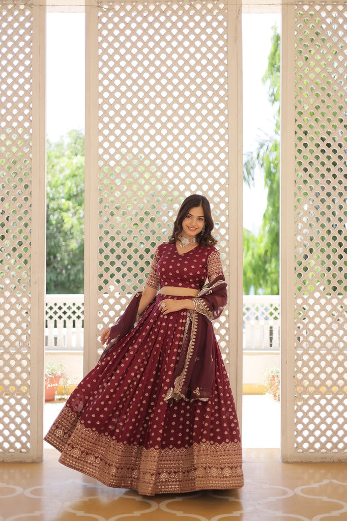 Maroon Enchanting Dayble Viscose Jacquard Lehenga Set with Double Zari Work ClothsVilla