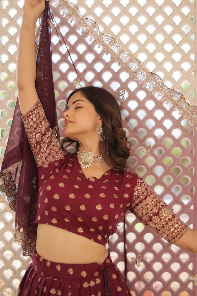 Maroon Enchanting Dayble Viscose Jacquard Lehenga Set with Double Zari Work ClothsVilla