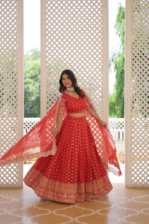 Red Enchanting Dayble Viscose Jacquard Lehenga Set with Double Zari Work ClothsVilla Main image
