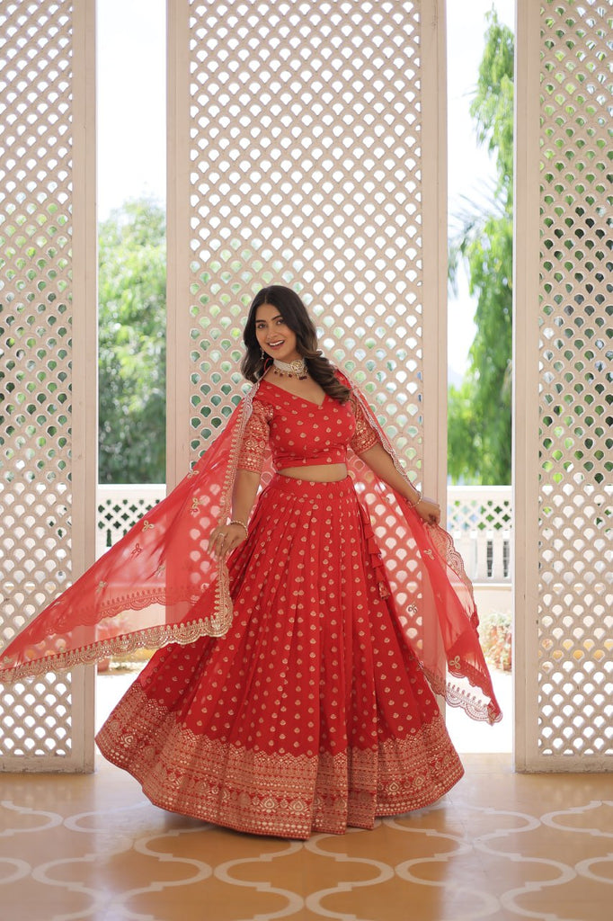 Red Enchanting Dayble Viscose Jacquard Lehenga Set with Double Zari Work ClothsVilla