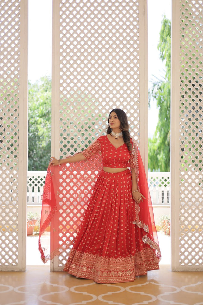 Red Enchanting Dayble Viscose Jacquard Lehenga Set with Double Zari Work ClothsVilla