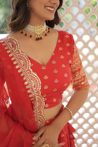 Red Enchanting Dayble Viscose Jacquard Lehenga Set with Double Zari Work ClothsVilla