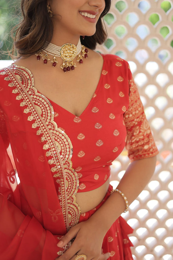 Red Enchanting Dayble Viscose Jacquard Lehenga Set with Double Zari Work ClothsVilla