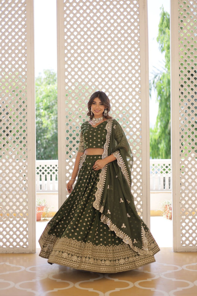 Green Enchanting Dayble Viscose Jacquard Lehenga Set with Double Zari Work ClothsVilla