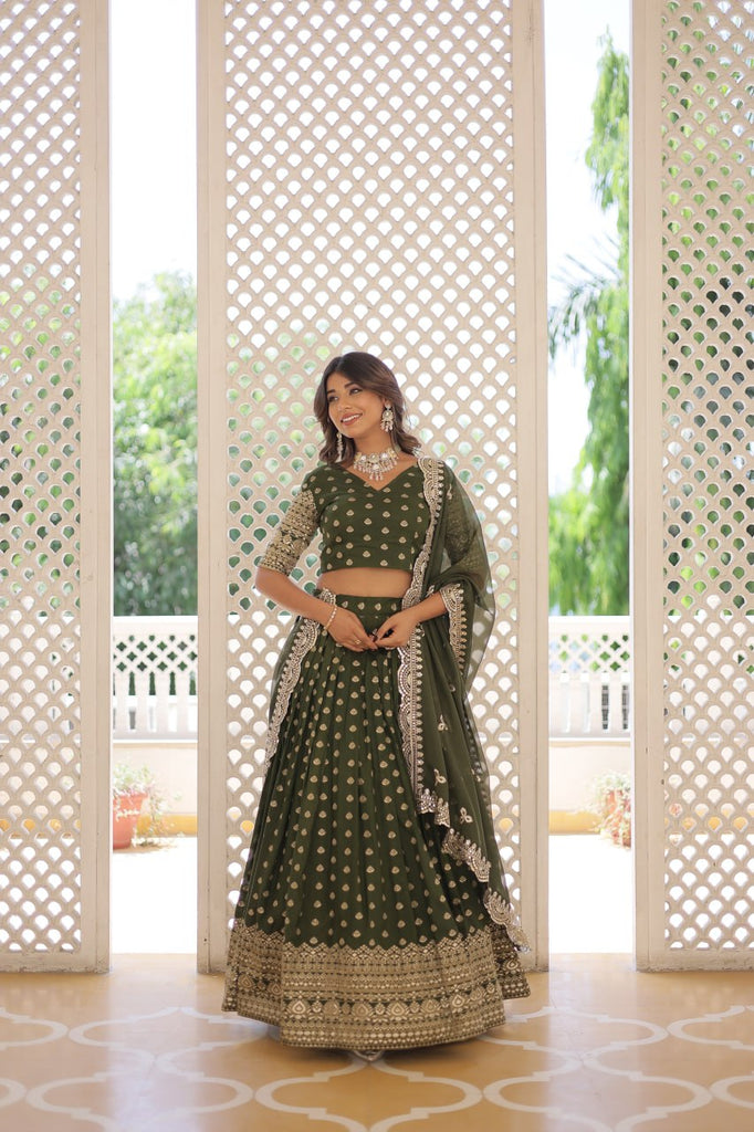 Green Enchanting Dayble Viscose Jacquard Lehenga Set with Double Zari Work ClothsVilla