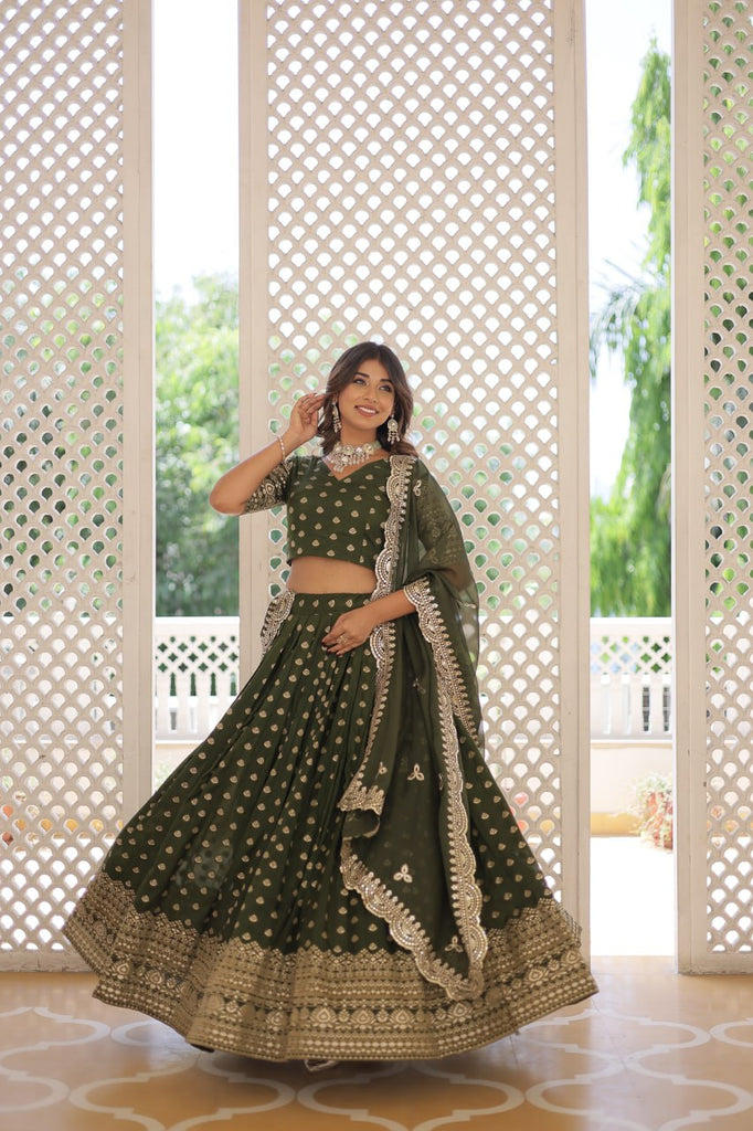 Green Enchanting Dayble Viscose Jacquard Lehenga Set with Double Zari Work ClothsVilla