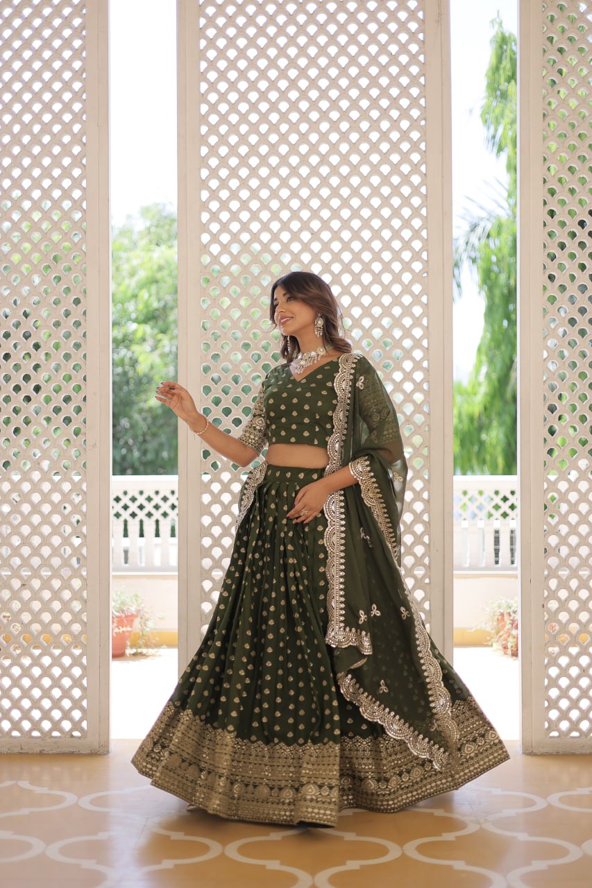 Green Enchanting Dayble Viscose Jacquard Lehenga Set with Double Zari Work ClothsVilla