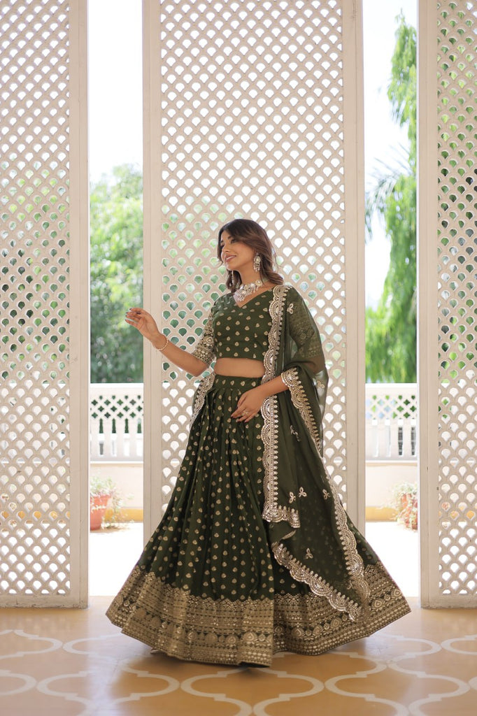 Green Enchanting Dayble Viscose Jacquard Lehenga Set with Double Zari Work ClothsVilla