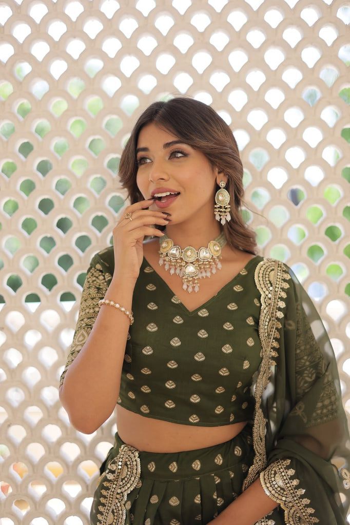 Green Enchanting Dayble Viscose Jacquard Lehenga Set with Double Zari Work ClothsVilla