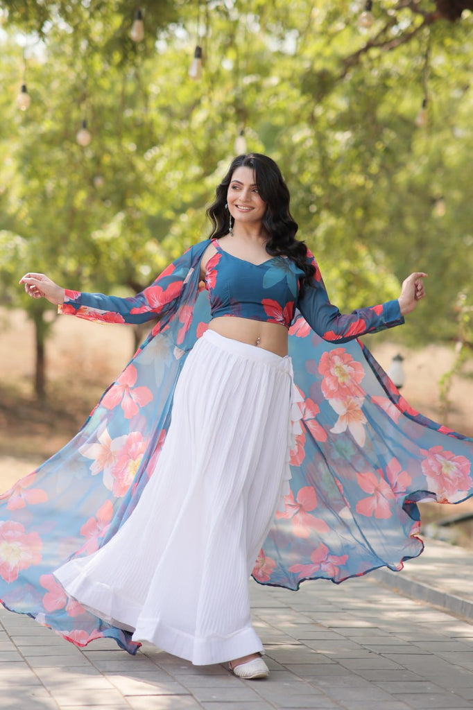 Blue Faux Georgette Lehenga Set with Shrug and Exquisite Craftsmanship Clothsvilla