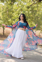 Load image into Gallery viewer, Blue Faux Georgette Lehenga Set with Shrug and Exquisite Craftsmanship Clothsvilla