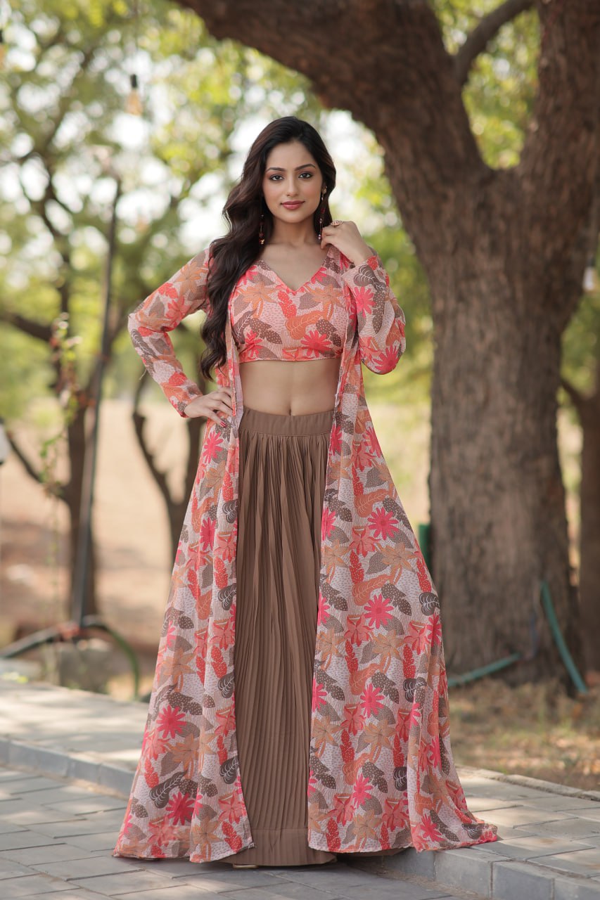 Beige Faux Georgette Lehenga Set with Shrug and Exquisite Craftsmanship Clothsvilla