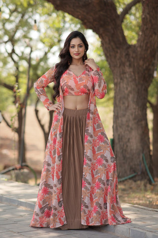 Beige Faux Georgette Lehenga Set with Shrug and Exquisite Craftsmanship Clothsvilla