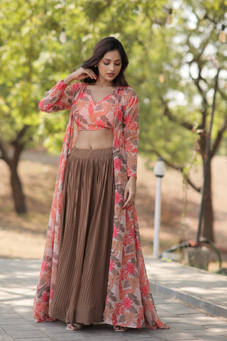Beige Faux Georgette Lehenga Set with Shrug and Exquisite Craftsmanship Clothsvilla
