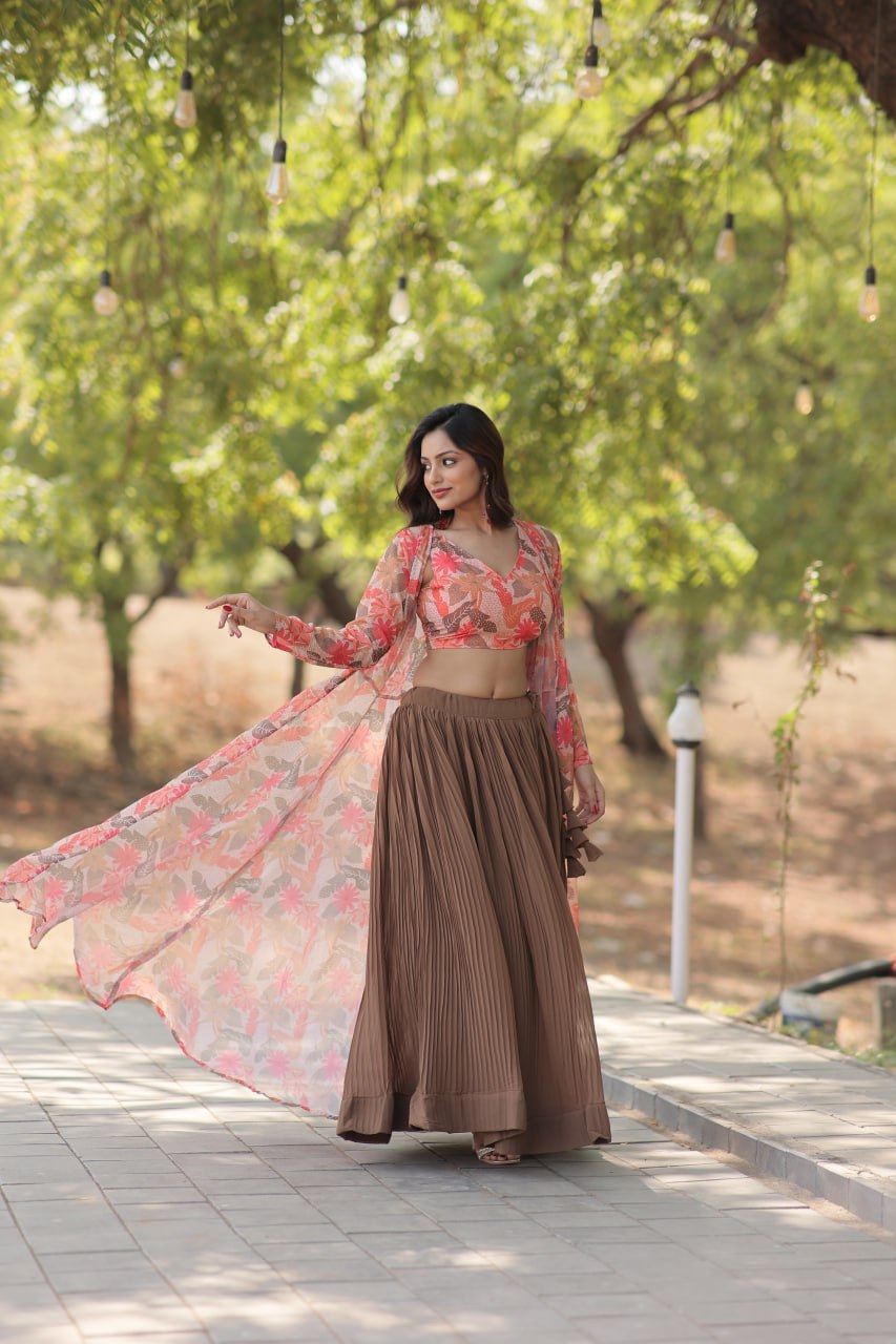 Beige Faux Georgette Lehenga Set with Shrug and Exquisite Craftsmanship Clothsvilla