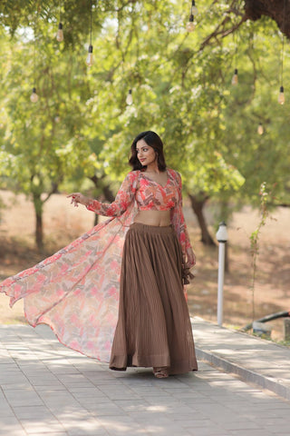 Beige Faux Georgette Lehenga Set with Shrug and Exquisite Craftsmanship Clothsvilla