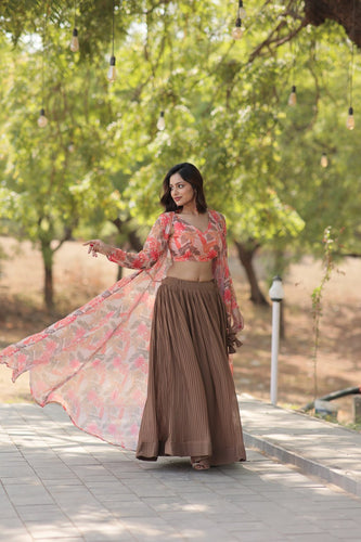 Beige Faux Georgette Lehenga Set with Shrug and Exquisite Craftsmanship Clothsvilla