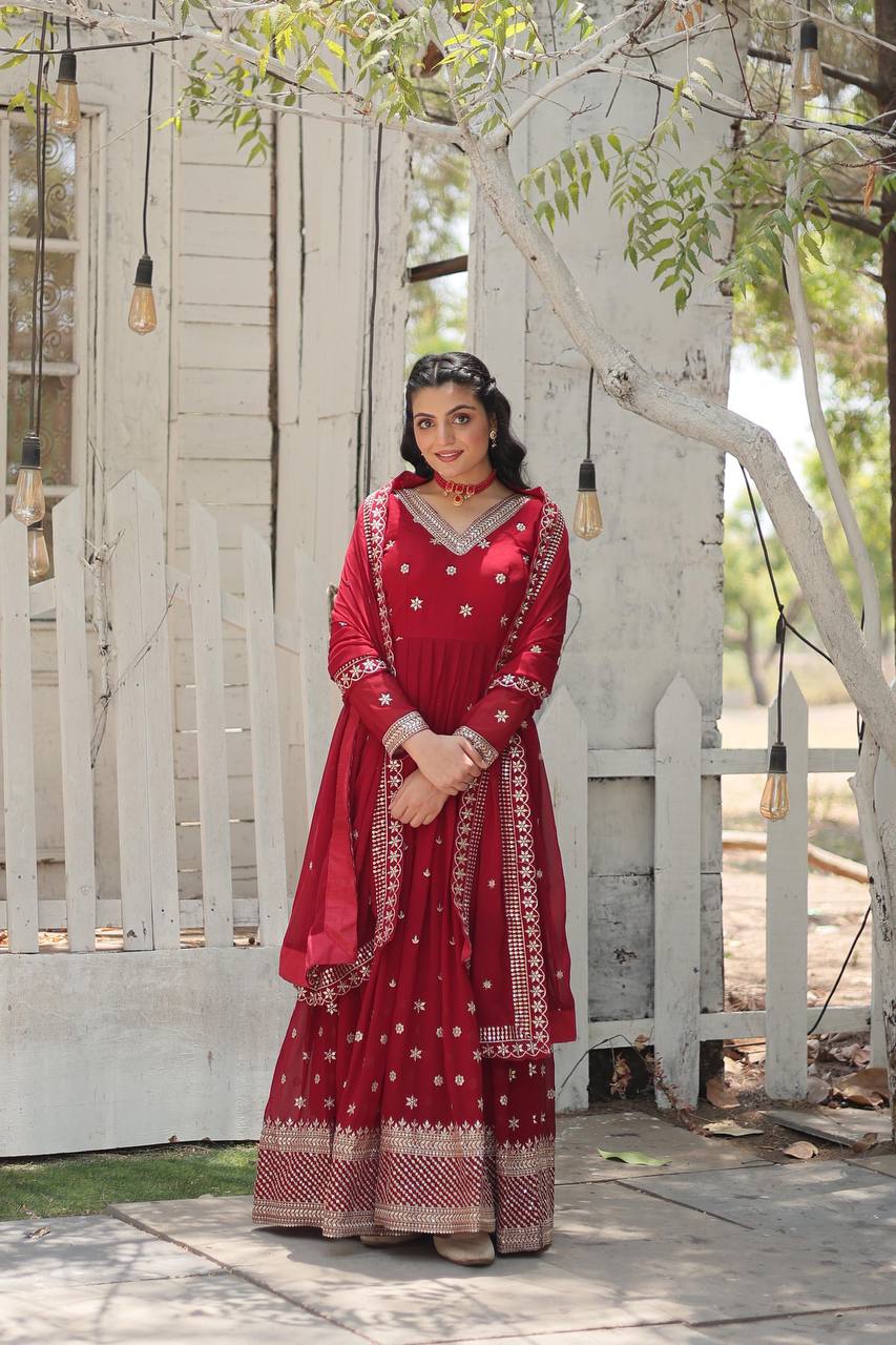 Pink Epitome of Grace: Faux Blooming Anarkali Suit with Rich Sequins Embroidery ClothsVilla