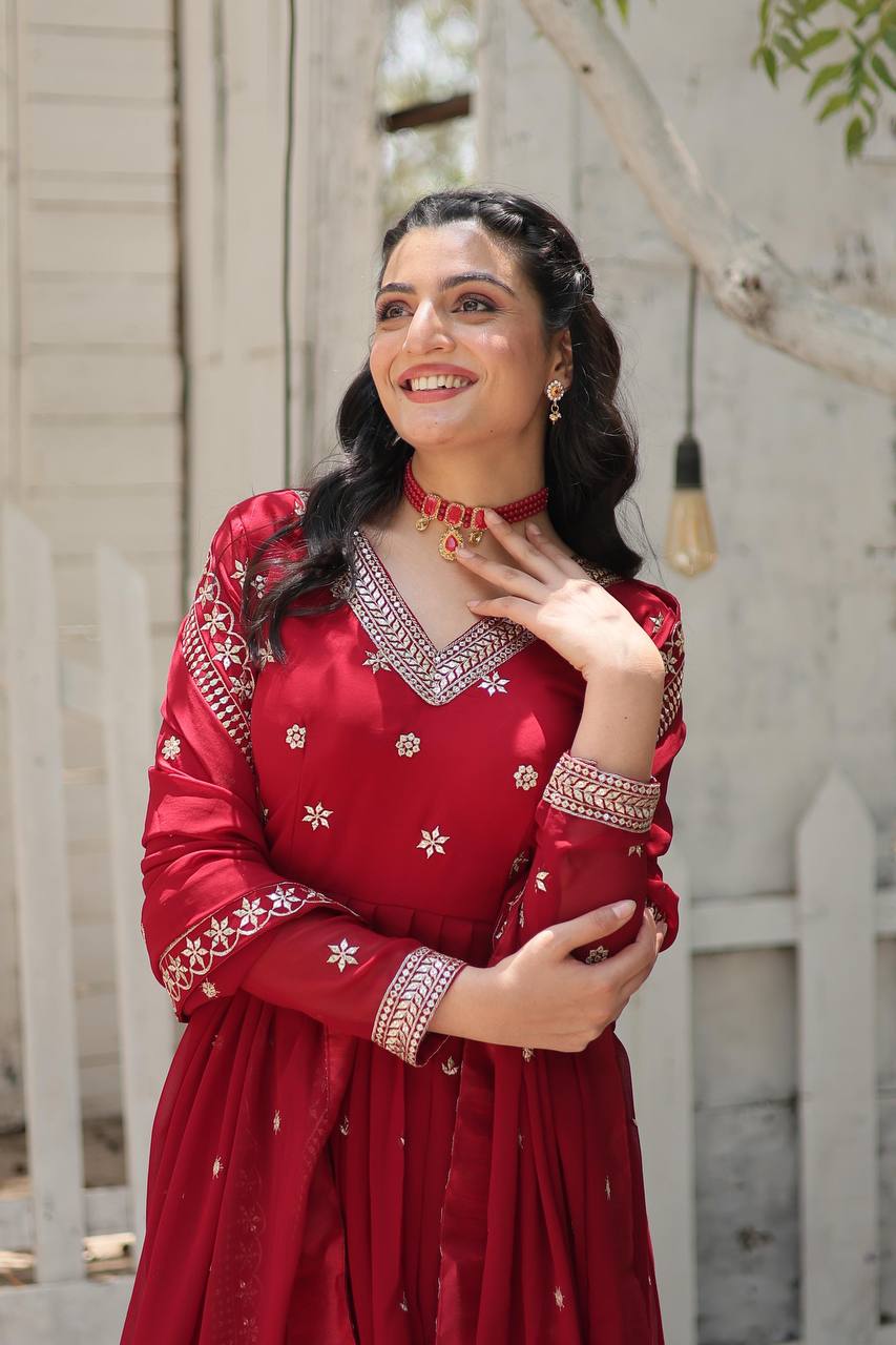 Pink Epitome of Grace: Faux Blooming Anarkali Suit with Rich Sequins Embroidery ClothsVilla