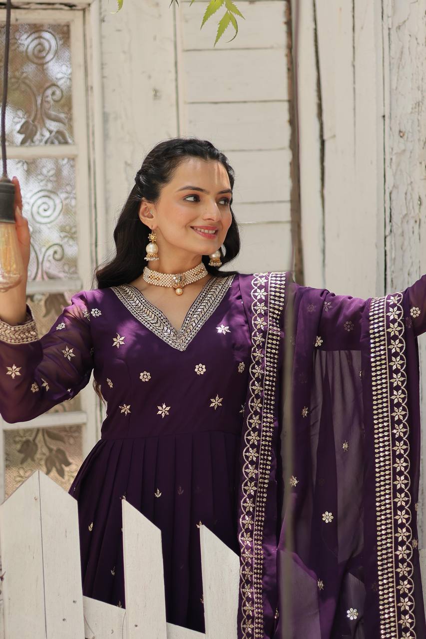 Wine Epitome of Grace: Faux Blooming Anarkali Suit with Rich Sequins Embroidery ClothsVilla