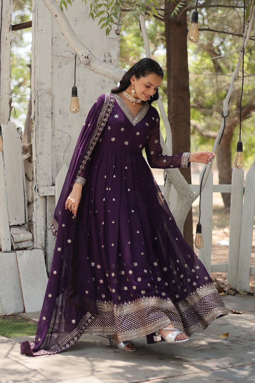 Wine Epitome of Grace: Faux Blooming Anarkali Suit with Rich Sequins Embroidery ClothsVilla