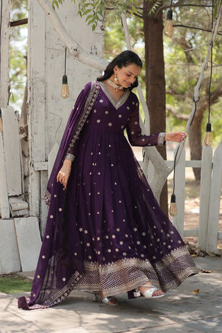 Wine Epitome of Grace: Faux Blooming Anarkali Suit with Rich Sequins Embroidery ClothsVilla
