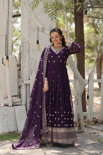 Wine Epitome of Grace: Faux Blooming Anarkali Suit with Rich Sequins Embroidery ClothsVilla