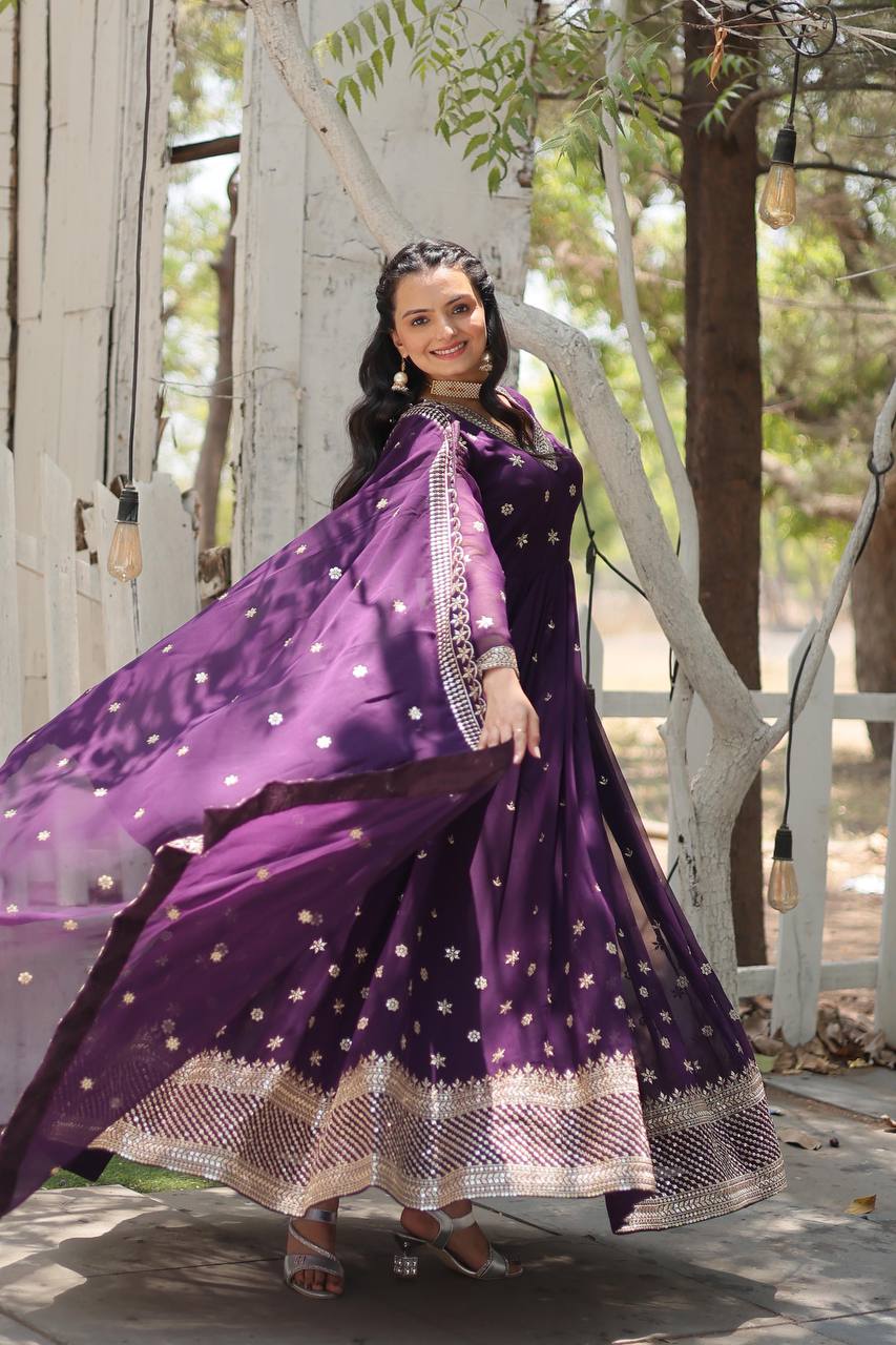 Wine Epitome of Grace: Faux Blooming Anarkali Suit with Rich Sequins Embroidery ClothsVilla