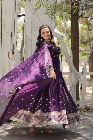 Wine Epitome of Grace: Faux Blooming Anarkali Suit with Rich Sequins Embroidery ClothsVilla