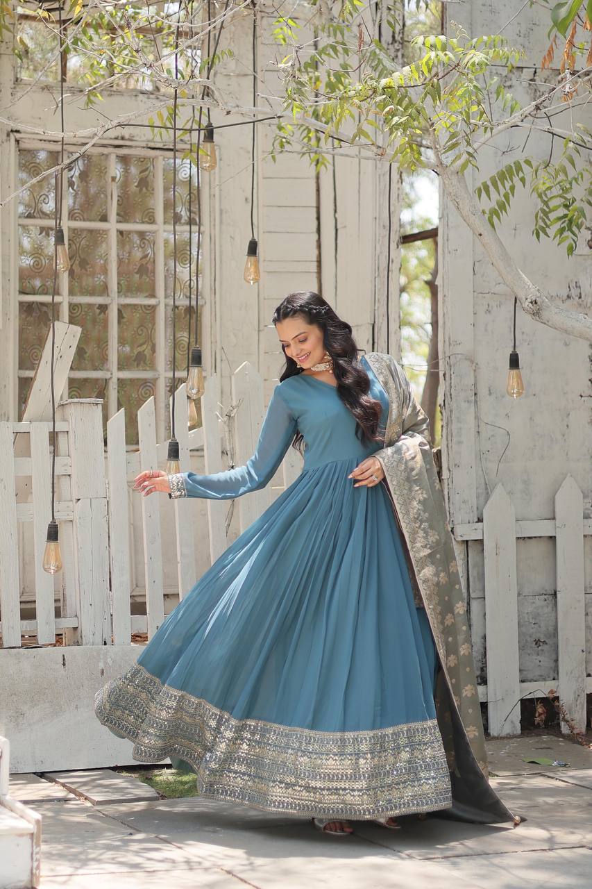 Teal Blue Stunning Faux Georgette Gown with Rich Sequins Embroidery ClothsVilla Main image