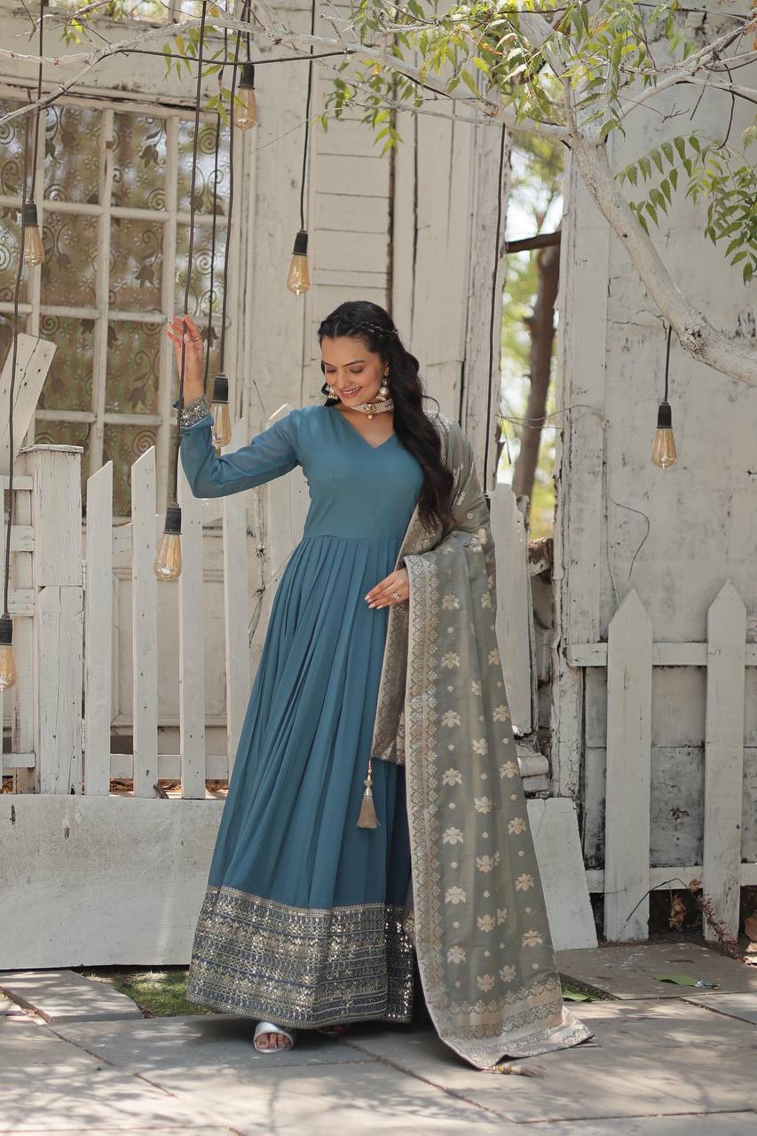 Teal Blue Stunning Faux Georgette Gown with Rich Sequins Embroidery ClothsVilla