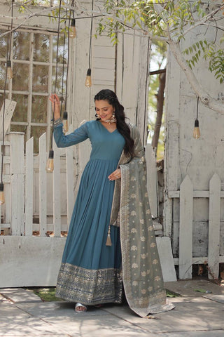 Teal Blue Stunning Faux Georgette Gown with Rich Sequins Embroidery ClothsVilla