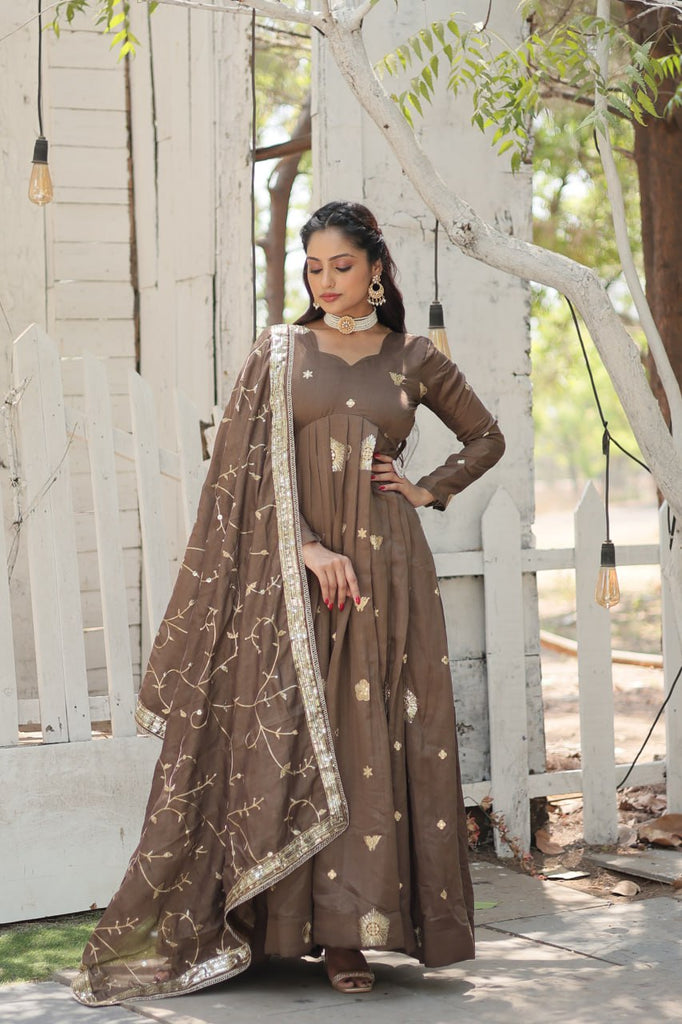 Beige Elegant Vichitra Shimmer Gown with Rich Sequins Embroidery ClothsVilla