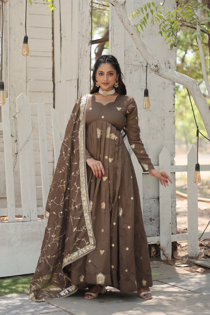 Beige Elegant Vichitra Shimmer Gown with Rich Sequins Embroidery ClothsVilla