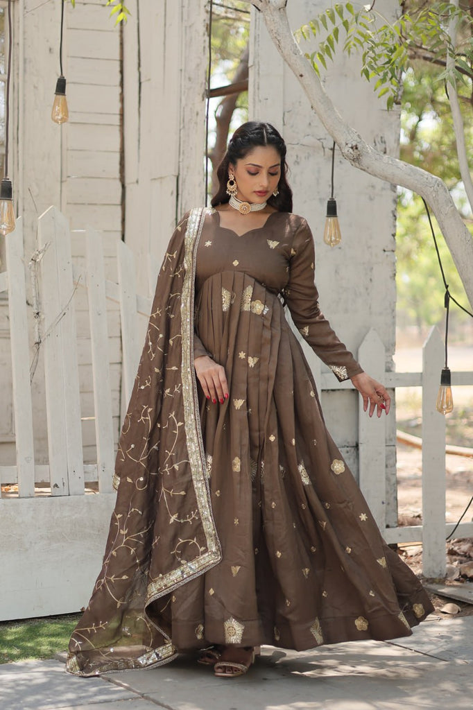 Beige Elegant Vichitra Shimmer Gown with Rich Sequins Embroidery ClothsVilla