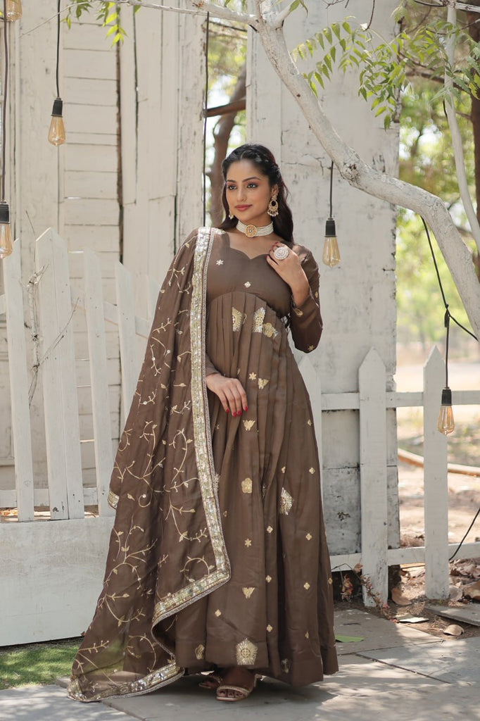 Beige Elegant Vichitra Shimmer Gown with Rich Sequins Embroidery ClothsVilla