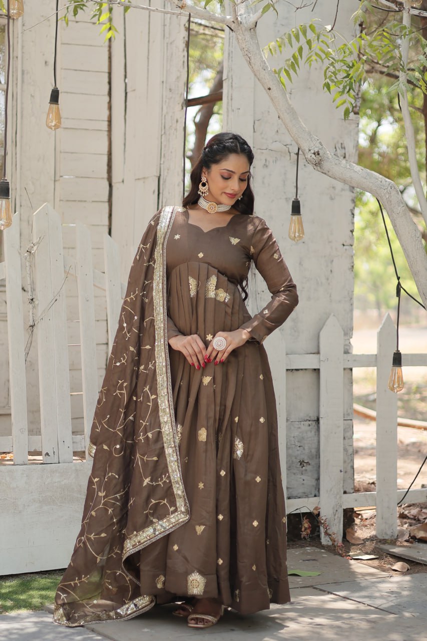 Beige Elegant Vichitra Shimmer Gown with Rich Sequins Embroidery ClothsVilla Main image