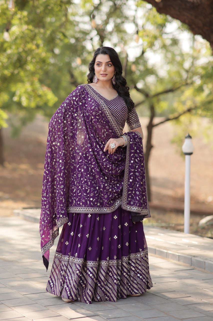 Purple Stunning Faux Blooming Lehenga with Heavy Sequins & Thread Embroidery ClothsVilla