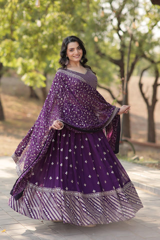 Purple Stunning Faux Blooming Lehenga with Heavy Sequins & Thread Embroidery ClothsVilla