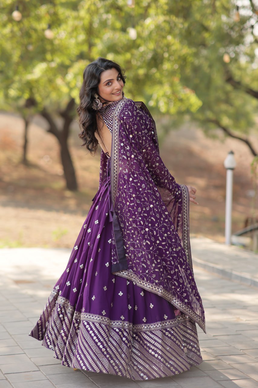 Purple Stunning Faux Blooming Lehenga with Heavy Sequins & Thread Embroidery ClothsVilla
