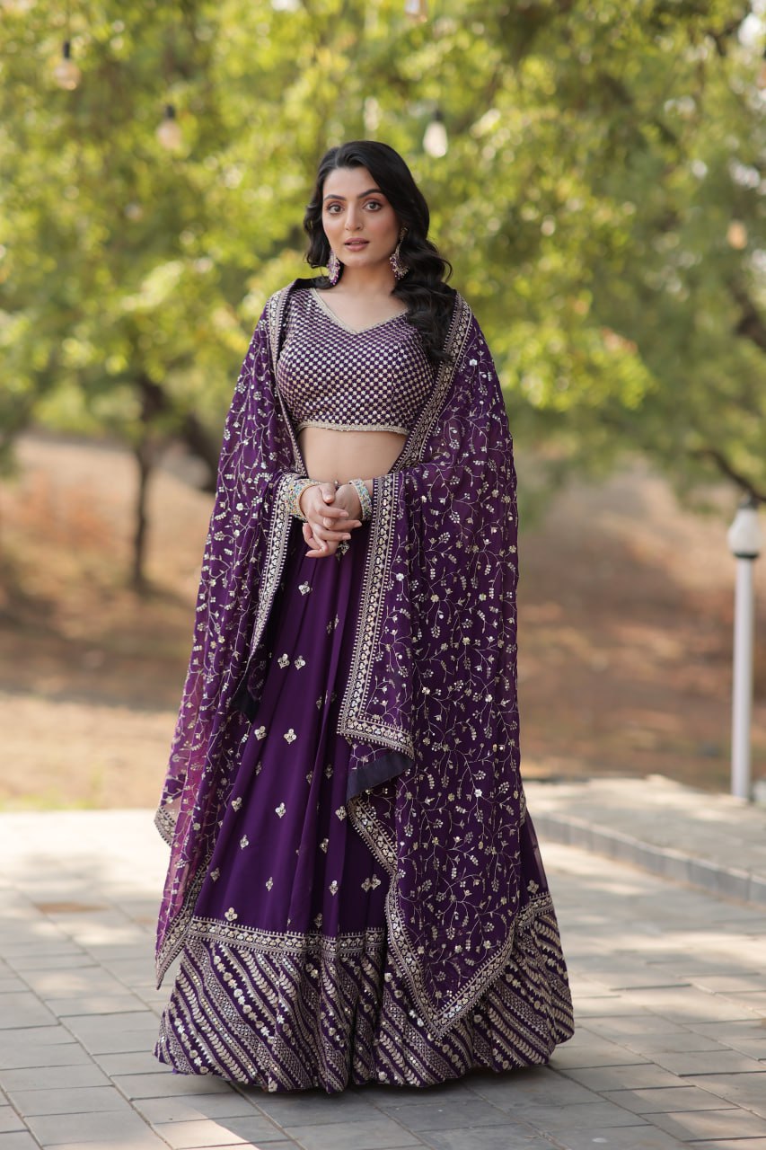 Purple Stunning Faux Blooming Lehenga with Heavy Sequins & Thread Embroidery ClothsVilla