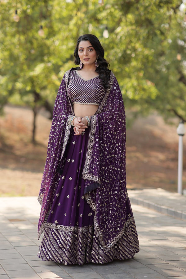 Purple Stunning Faux Blooming Lehenga with Heavy Sequins & Thread Embroidery ClothsVilla