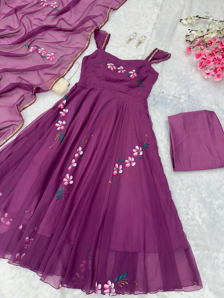 Purple Elegance Meets Artistry: Exclusive Handpainted Anarkali Suit ClothsVilla