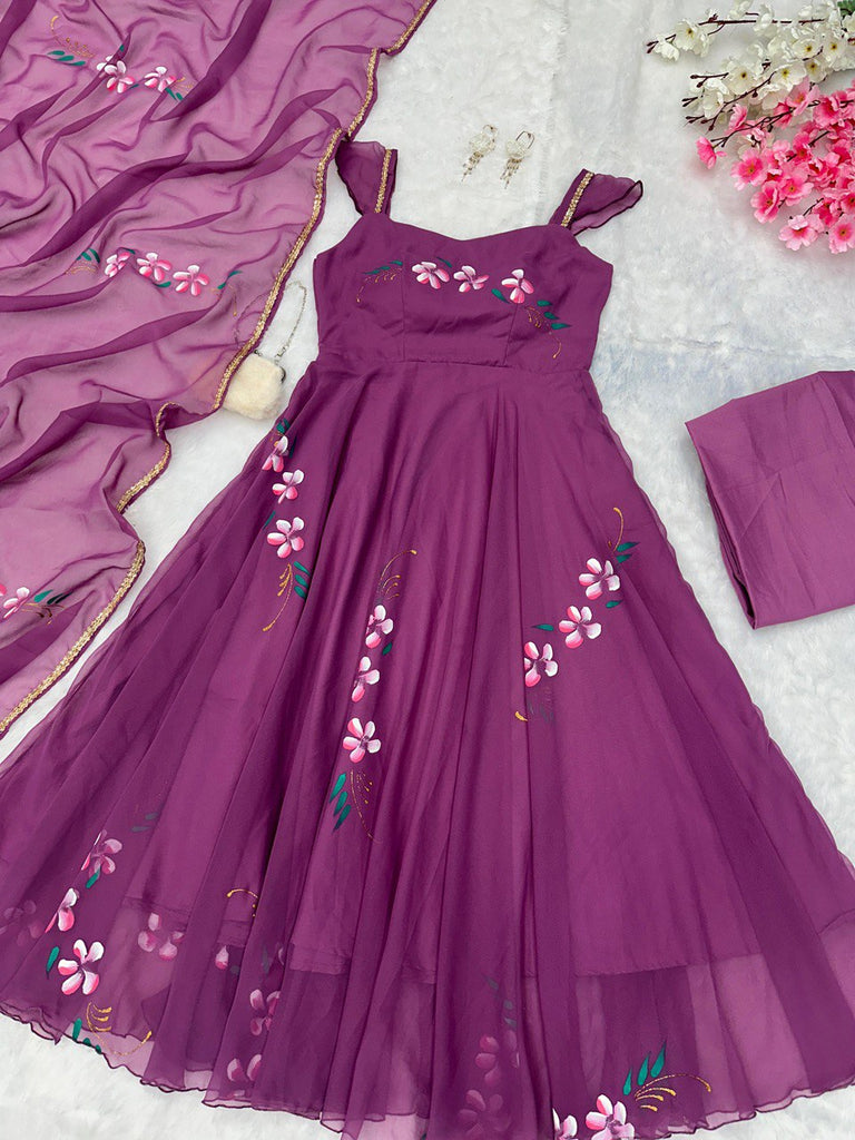 Purple Elegance Meets Artistry: Exclusive Handpainted Anarkali Suit ClothsVilla