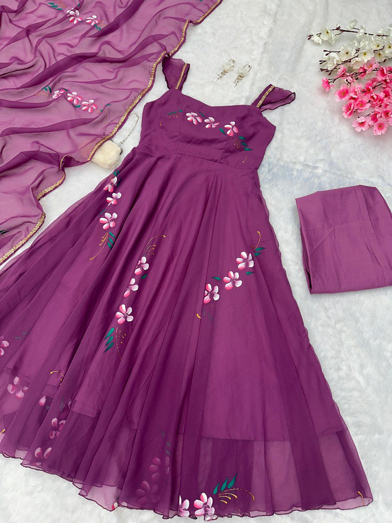 Purple Elegance Meets Artistry: Exclusive Handpainted Anarkali Suit ClothsVilla