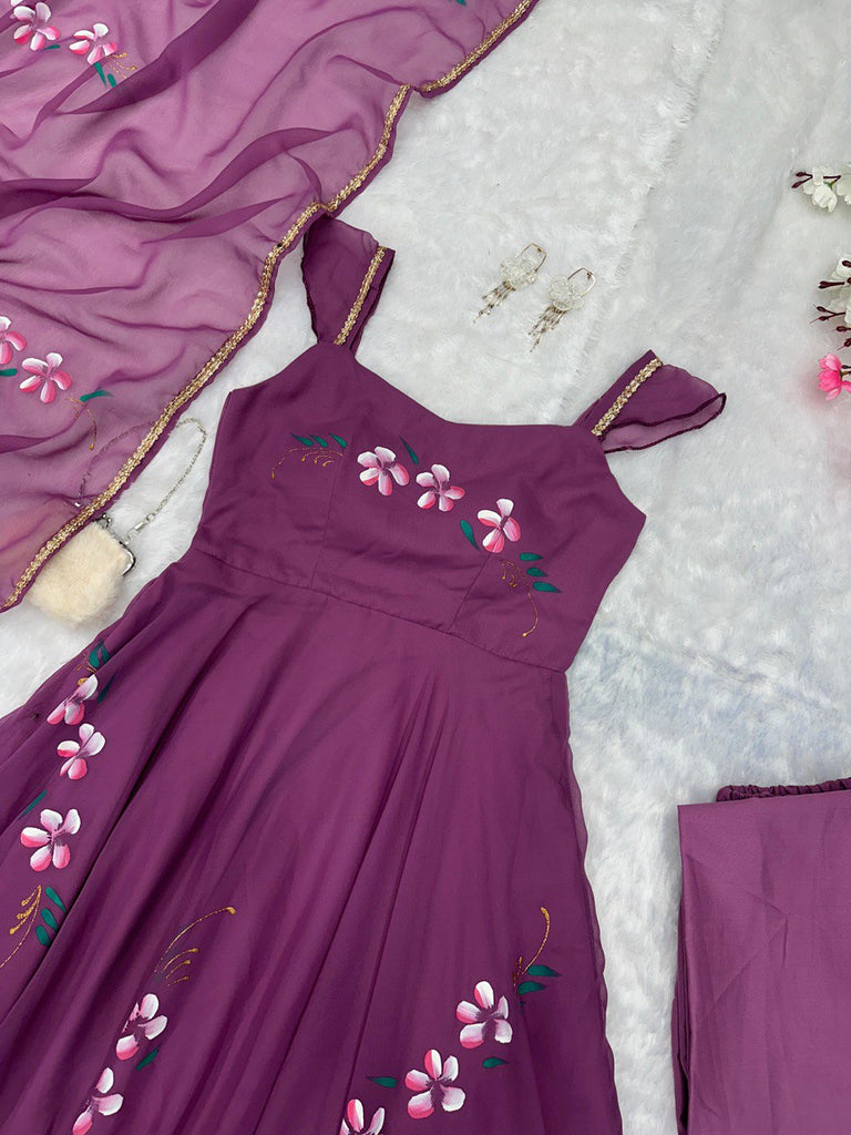 Purple Elegance Meets Artistry: Exclusive Handpainted Anarkali Suit ClothsVilla