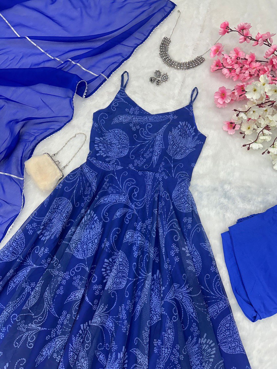 Blue Georgette Anarkali Suit with Buttersilk Pant and Digital Printed Cotton Dupatta ClothsVilla Main image