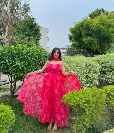 Red Georgette Anarkali Suit with Buttersilk Pant and Digital Printed Cotton Dupatta ClothsVilla Main image