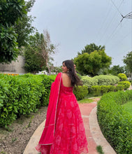 Load image into Gallery viewer, Red Georgette Anarkali Suit with Buttersilk Pant and Digital Printed Cotton Dupatta ClothsVilla